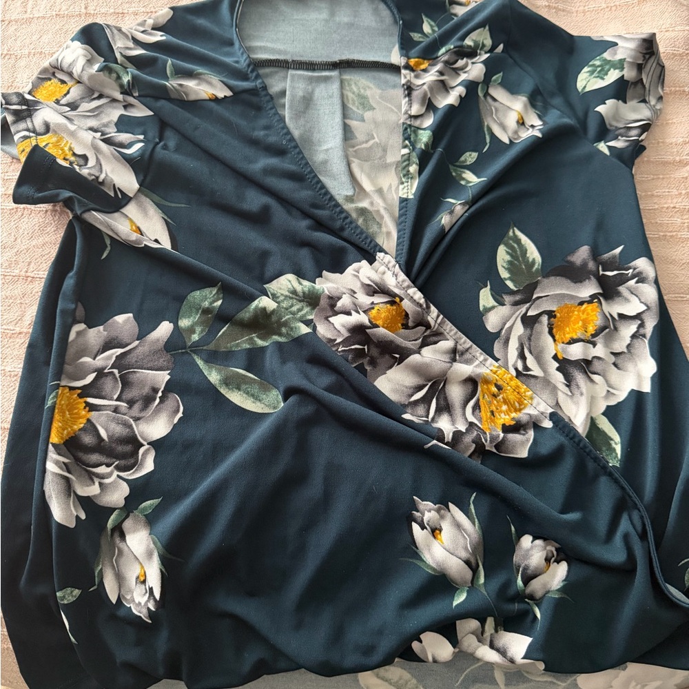 Beacon Floral Wrap Blouse - Teal and Yellow